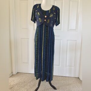 Vintage Gauzy Maxi Dress Appliqué Vest Shell Buttons Beads Blue Size 4
